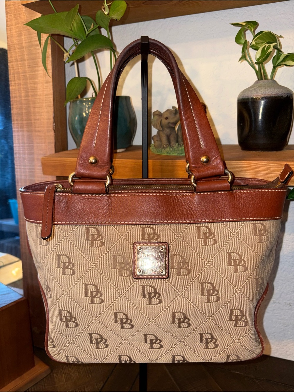 Dooney & Bourke Signature DB Monogram Satchel | British Tan | Zip Top